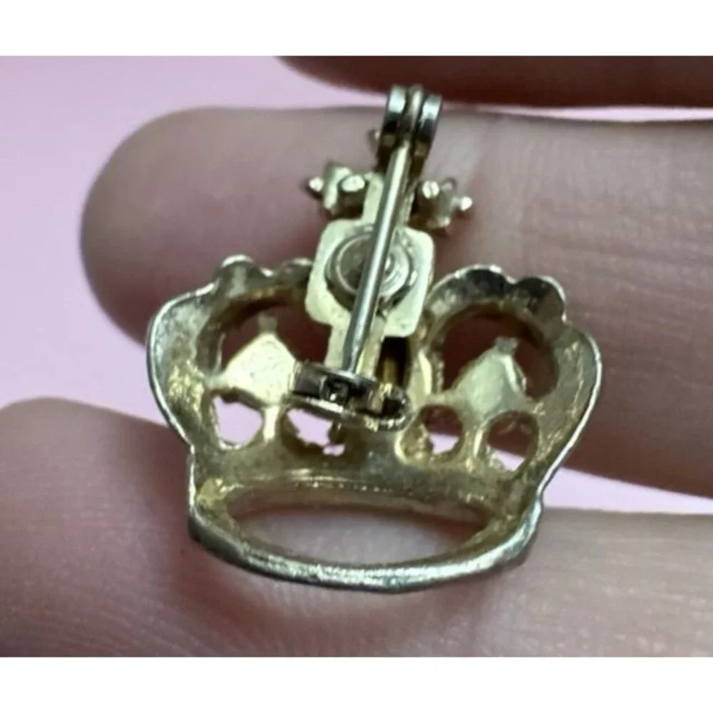 Vintage Crown Brooch Rhinestone Faux Pearl Gold Tone Mini Pin